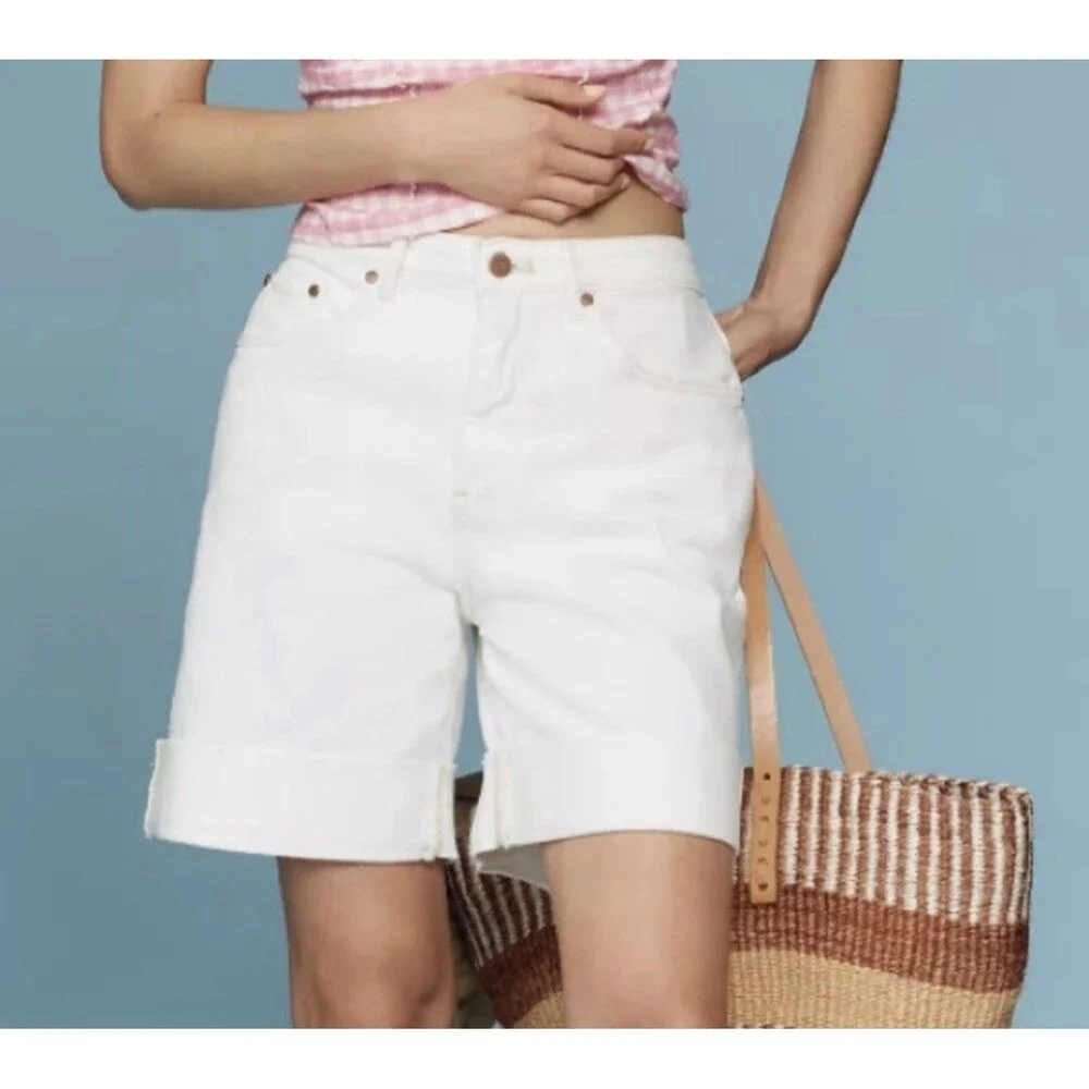 Anthropologie Pilcro The Austyn High Rise Cuffed Jean Shorts Ivory Size 28 NWT - Picture 1 of 11